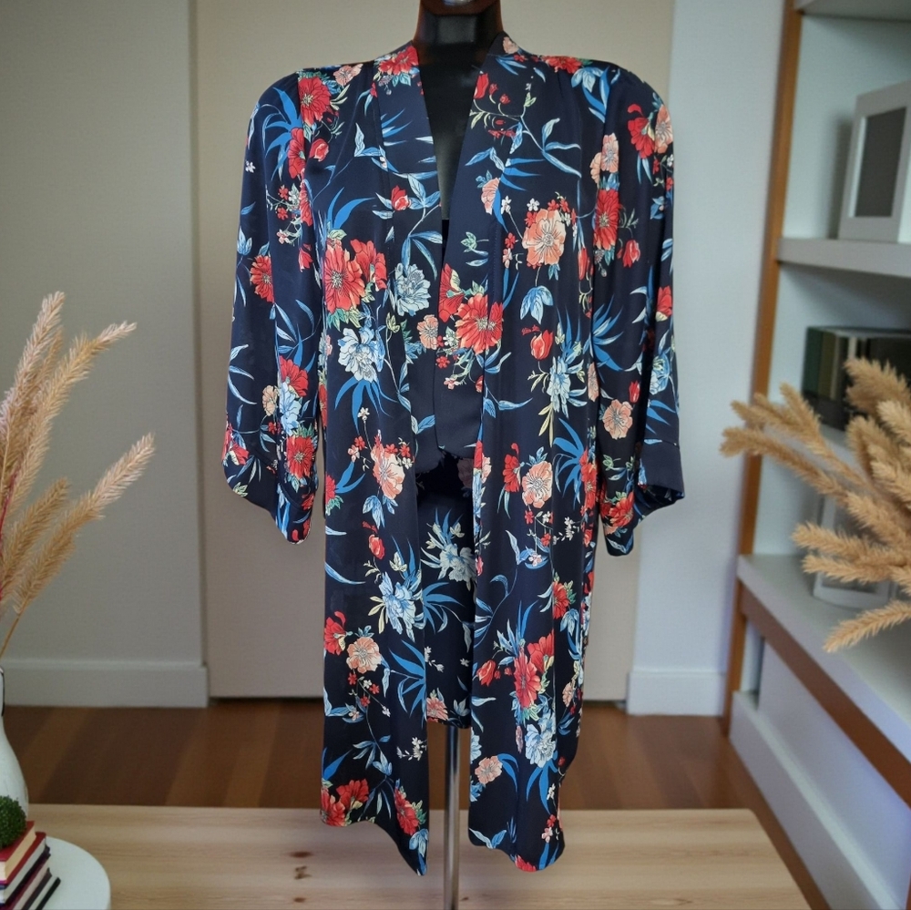 Tahari Blue Floral Kimono Open Front Lightweight Flowy Long Cardigan Size S-M